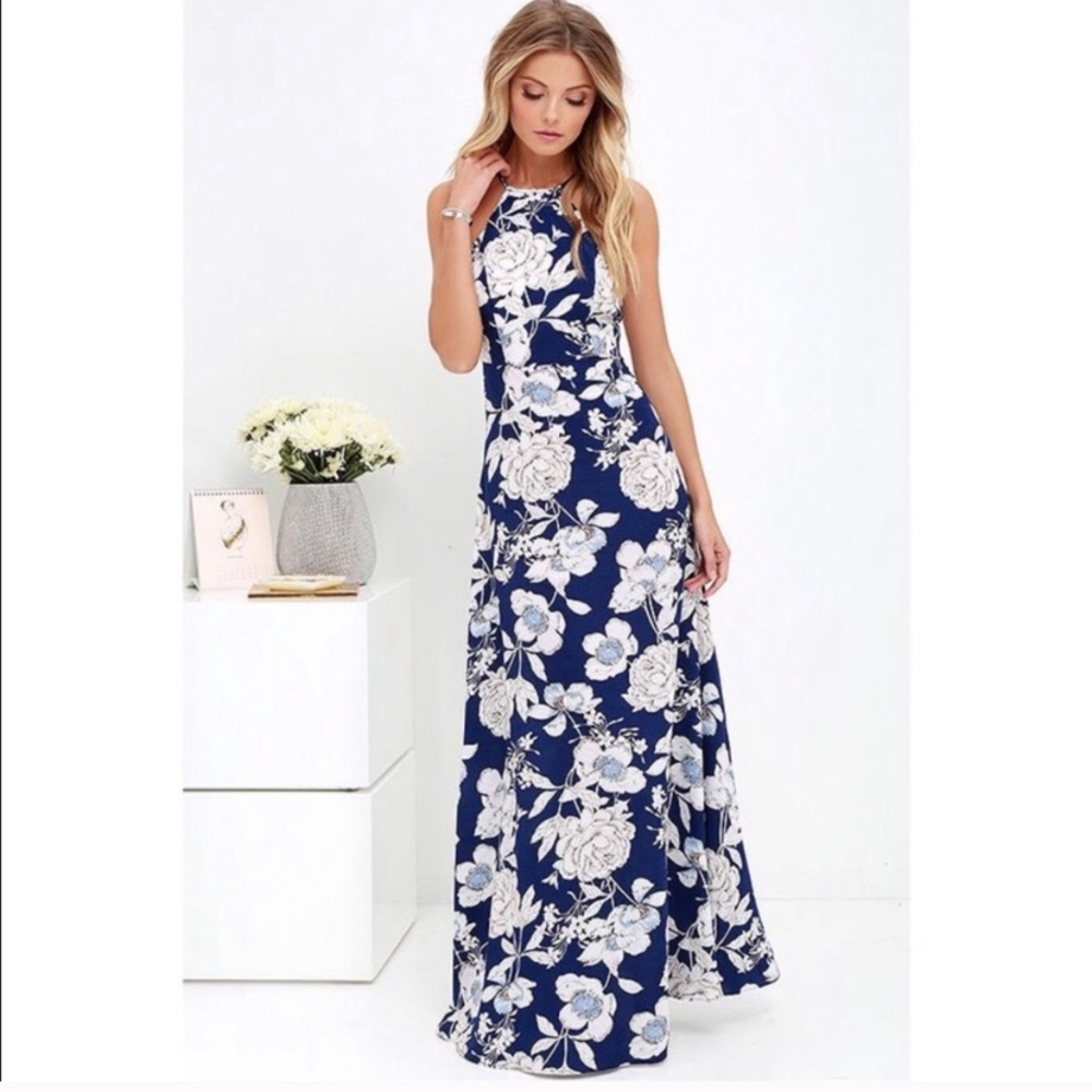 - Lulus In Blossom Blue Floral Print Maxi Dress